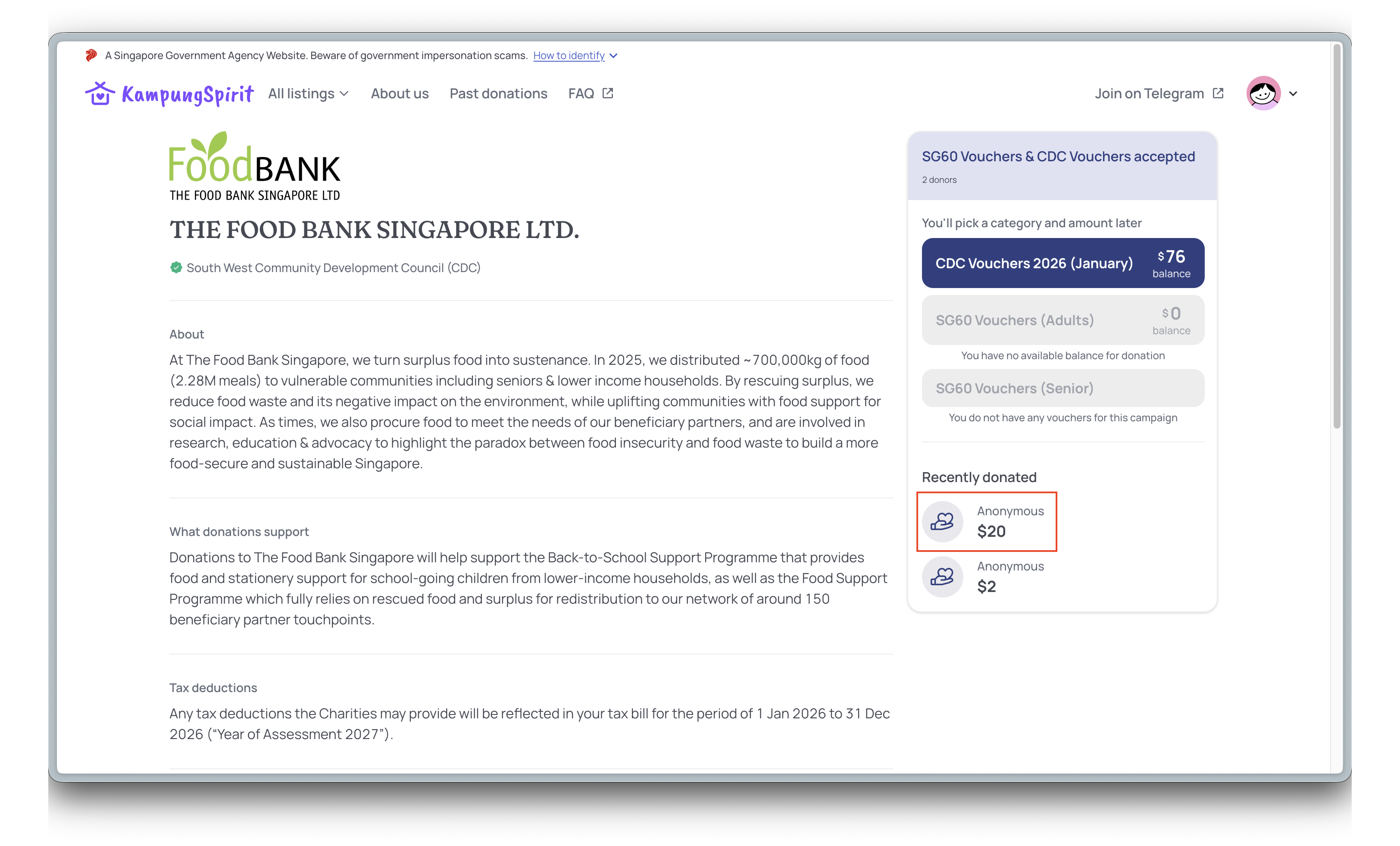 Food Bank Singapore donation page highlighting an anonymous $20 donation in the recent donations list.