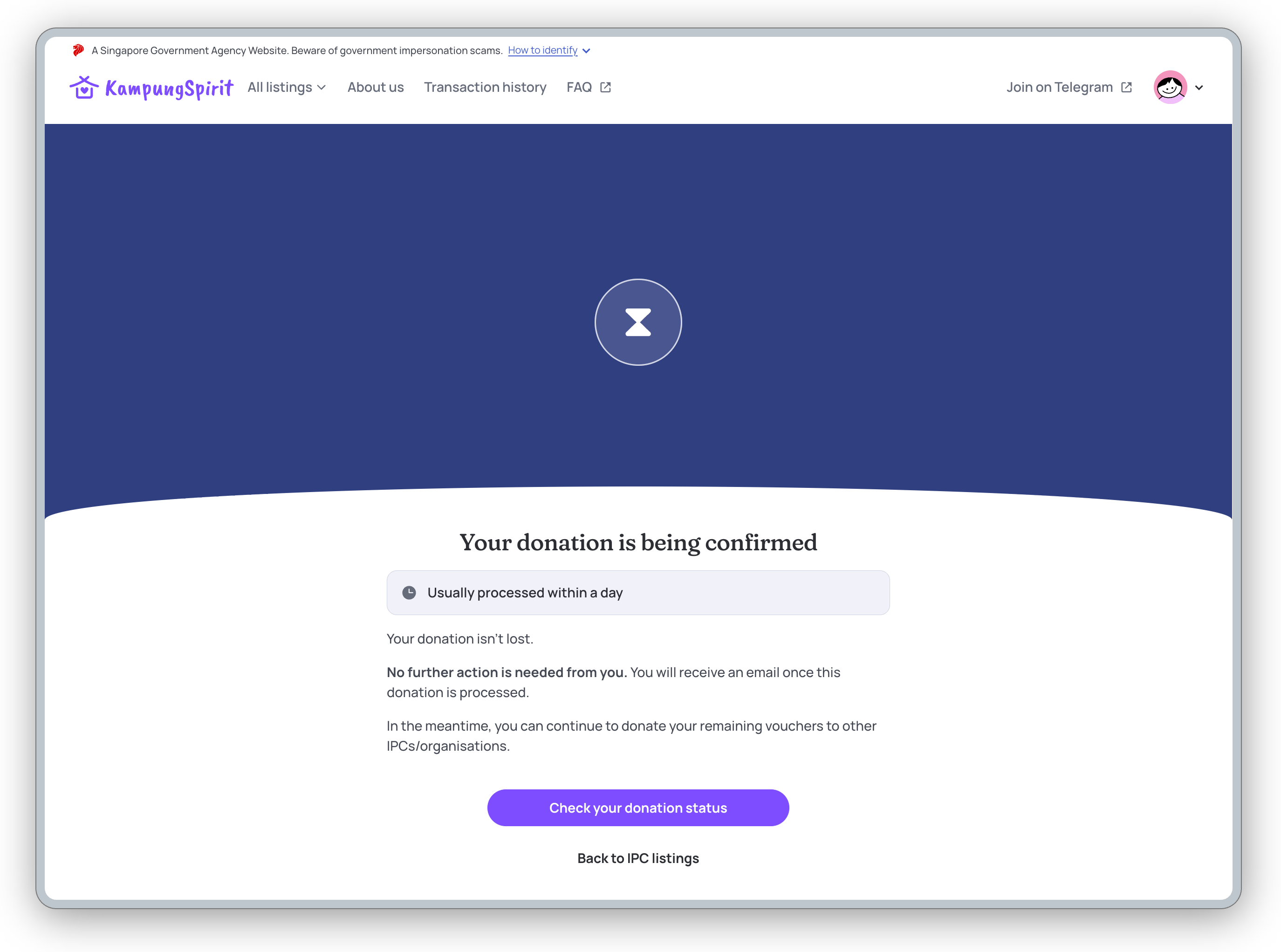 KampungSpirit page showing a donation being confirmed, usually processed within a day, with status and listing options.