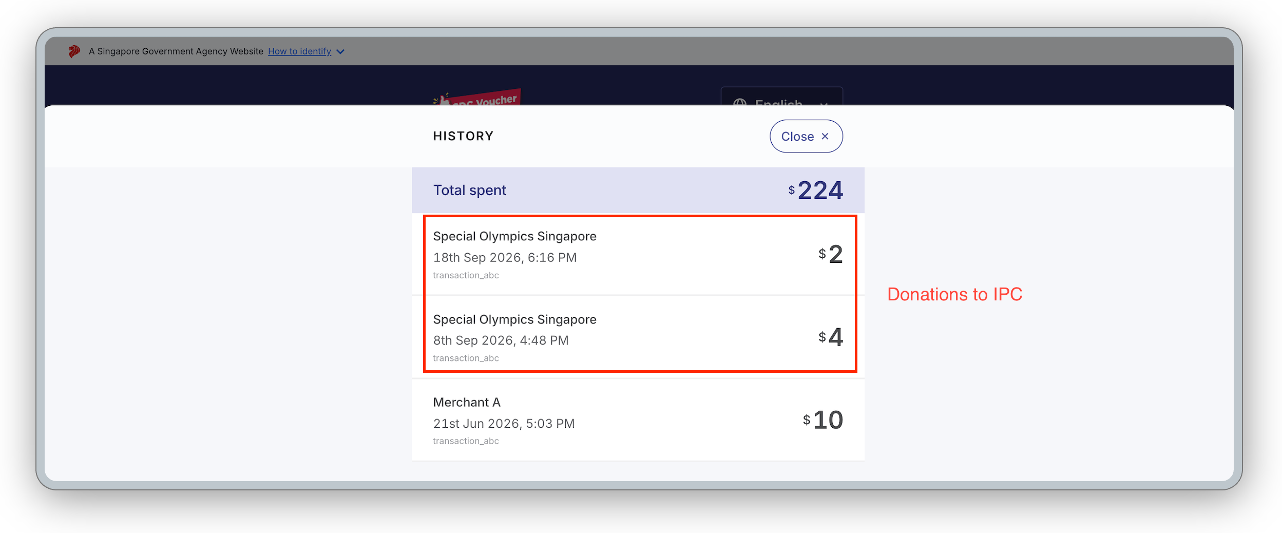 List of transaction history from RedeemSG
